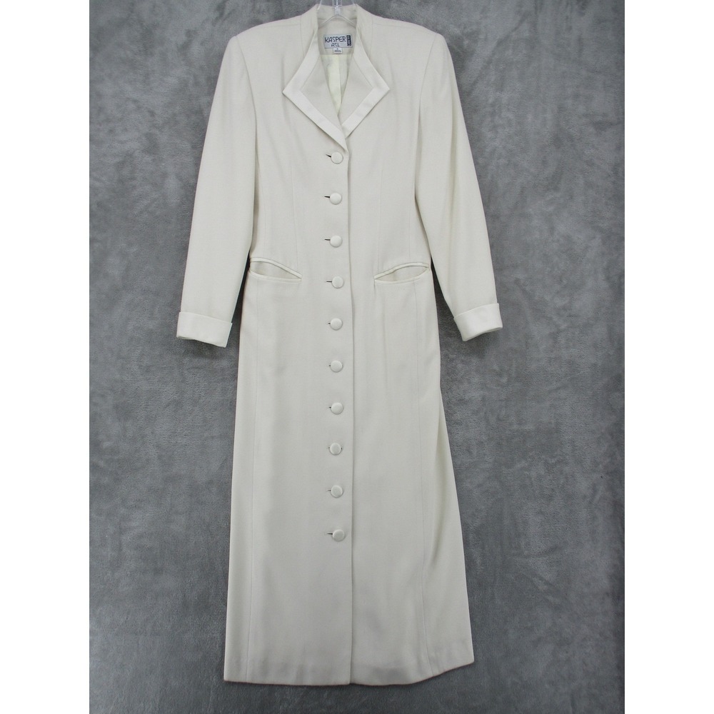 Kasper ASL Dress Womens 4 Maxi Long Coat‎ Career Satin Trim Modest Ivory Office